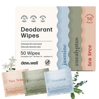 Dew Well Refreshing Deodorant Wipes, Refresh Body Deodorant Wipes, A Fresh Start When You’re On the Go, Aluminum, Paraben, and Sulfate Free, Variety Pack (Tea Tree, Eucalyptus, Jasmine)