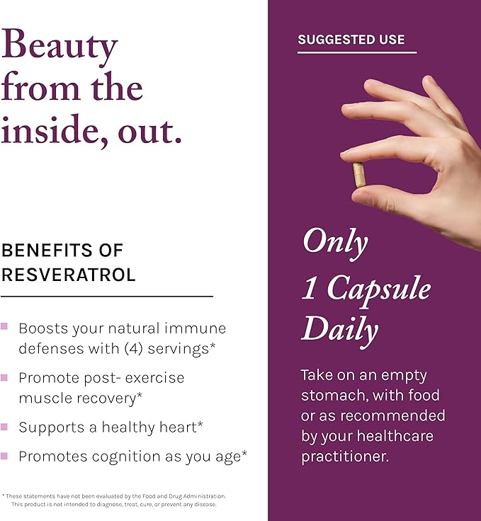 Reserveage Beauty Resveratrol 250 mg - Best Trans-Resveratrol - Vegan Antioxidant Supplement for Cellular & Heart Health - Aids Healthy Aging & Immune Health - 30 Vegetable Capsules (30 Servings)