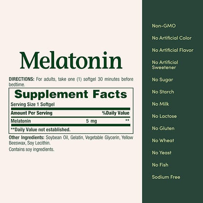 Nature's Bounty Melatonin, 100% Drug Free Sleep Aid, Dietary Supplement, Promotes Relaxation and Sleep Health, 5mg, 90 Softgels (Pack of 1)