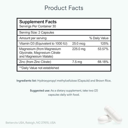 Bettervits Magnesium Glycinate Complex with Citrate Malate Zinc & Vitamin D3 | High Absorption Pure Magnesium 225mg Supplement Chelated Formula for Muscle Relaxation, Sleep Support – 60 Capsules