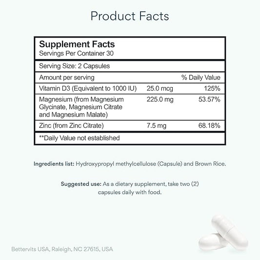 Bettervits Magnesium Glycinate Complex with Citrate Malate Zinc & Vitamin D3 | High Absorption Pure Magnesium 225mg Supplement Chelated Formula for Muscle Relaxation, Sleep Support – 60 Capsules
