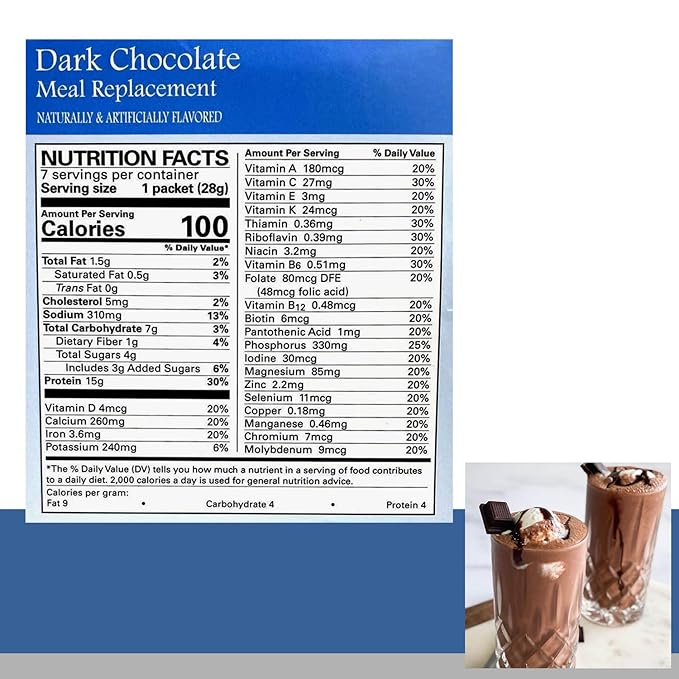 Dark Chocolate Pudding/Shake Mix - 7/Box | Gluten Free, KETO Friendly, Low Calorie, Low Carb, Vitamin Fortified, Meal Replacement
