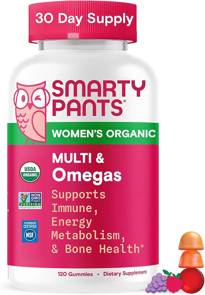 SmartyPants Organic Women's Multivitamin Gummies: Biotin, Methylfolate, Omega 3 (ALA), Vitamin D3, C, Vitamin B12, B6, A, K & Zinc, Inositol, Gluten Free, Vegetarian, 120 Count (30 Day Supply)