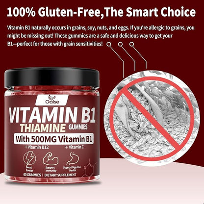 Thiamine Vitamin B1 Gummies - 500g Vegan Sugar Free Thiamine Supplement, with Natural Mixed Berries Flavor for Adults & Kids (60 Counts) Focus Supplement