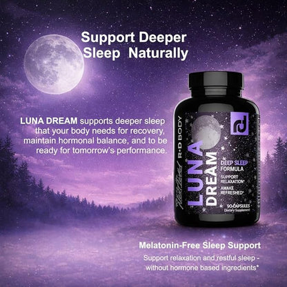 Luna Dream Natural Sleep Supplement for Relaxation & Restful Sleep (90 Capsules) - Natural Sleep Aid with Valerian Root, Ashwagandha, Magnesium, L-Tryptophan, Lemon Balm, & More - Melatonin Free