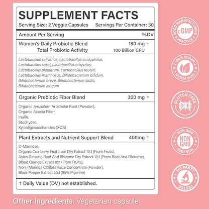 Probiotics for Women – Women’s Probiotic for Digestive, Vaginal, Urinary Health & pH Balance – 100 Billion CFU, 11 Strains with Organic Prebiotics, Cranberry Extract, D-Mannose – Non-GMO, 120 Caps