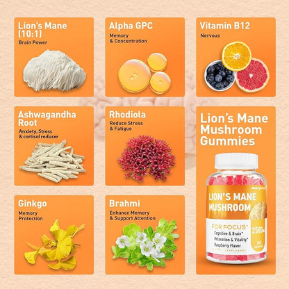 Lions Mane Gummies, Organic Lion's Mane, Lions Mane Gummies for Adults, with Ashwagandha & Alpha GPC, Cortisol Supplements for Women & Men, 60 Counts