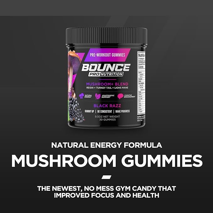 Bounce Pro Pre Workout Gummies – 50 Vegan Chewable Gummies with Caffeine, Lion’s Mane & L-Theanine for Energy, Focus & Endurance – Mushroom Preworkout for Men & Women – Black Razz Flavor