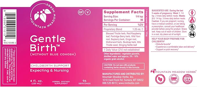 Mountain Meadow Herbs Gentle Birth for Birth Prep/Labor Prep, Fast Acting Liquid Herbal Extract for Childbirth Support w/o Blue Cohosh - 4oz