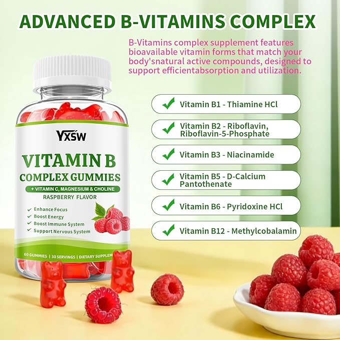 Vitamin B Complex Gummies for Women & Men - Vitamin B12, B1, B2, B3, B5 & B6 -B Complex Vitamin Supplements with Vitamin C,Magnesium & Choline, Raspberry Flavor, 60 Count