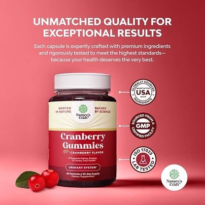 Natural Cranberry Gummies for Women and Men - Extra Strength Delicious Antioxidant Cranberry Chews for Urinary Tract Health Kidney Support Bladder & Immune Health - Vegan Gluten & Gelatin Free - 60ct