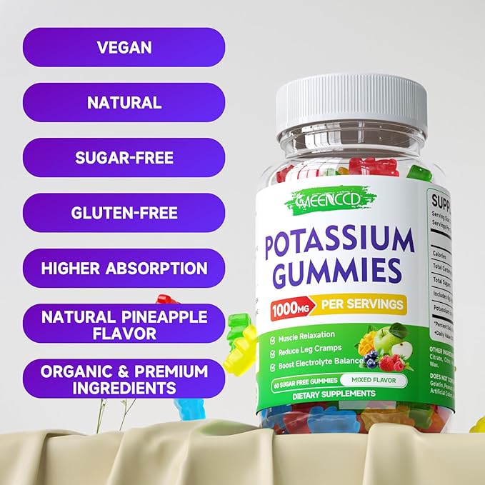 Potassium Citrate Gummies, High Potency Potassium Supplement for Adults Women & Men, Support Leg Cramps & Muscle Health, Sugar-Free, Mixfed Fruit Flavor, 60 Count