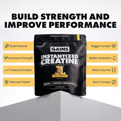 Gains in Bulk Instantized Creatine Monohydrate for Men & Women, Soluble Pre Workout Powder, Supports Muscle Building, Strength and Performance, Bodybuilding Supplements, Sweet Lemonade, 30 Servings