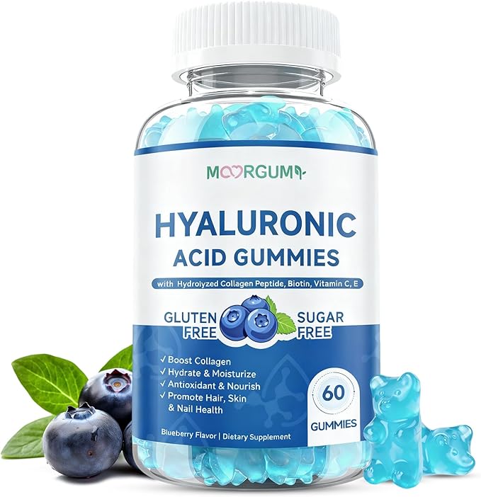 1000mg Hyaluronic Acid & Collagen Peptide Supplements with Biotin, Vitamins C & E - Hair Skin Nails Health Support for Men & Women, Blueberry Flavor, Gluten-Free 60 Gummies