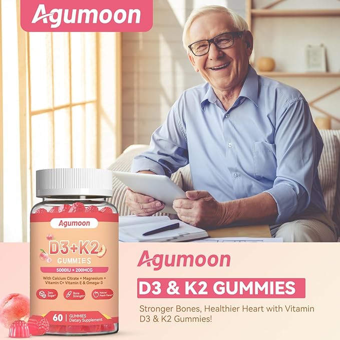 Vitamin D3 K2 Gummies for Adults - Vitamin D3 5000IU + K2 (MK-7) 200mcg, with Calcium Citrate, Magnesium Citrate, Omega-3 for Bone, Muscle, Teeth Immune - 120 Gummies