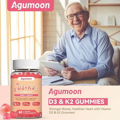 Vitamin D3 K2 Gummies for Adults - Vitamin D3 5000IU + K2 (MK-7) 200mcg, with Calcium Citrate, Magnesium Citrate, Omega-3 for Bone, Muscle, Teeth Immune - 120 Gummies