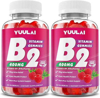 Pack of Vitamin B2 Gummies 400mg | Riboflavin Supplement with Magnesium for Kids & Adults, B2 Gummies for Migraine Relief, Nervous System & Skin Health, Vegan, Sugar-Free, Raspberry Flavor, 120 Count