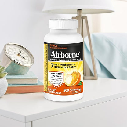Airborne 1000mg Vitamin C with D and Zinc, Multivitamin Immune Support Supplement with Antioxidants A, C, and E, 200 Chewable Tablets, Citrus Flavor,(Pack of 2)