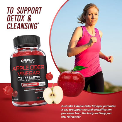 ORPHIC NUTRITION Apple Cider Vinegar Gummies - 1000mg - ACV Weight Loss Gummies - Supports Digestion, Detox & Cleansing - VIT B12, Beetroot - Gomitas de Vinagre de Manzana (60 pcs)
