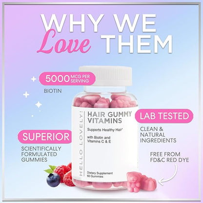 Hair Vitamins Gummies for Hair Growth - Best Multivitamin Supplement for Hair, Skin & Nails with 5000 mcg Biotin per Serving - Supports Thicker, Stronger Hair Women & Men - Berry Flavor - 60 Gummies