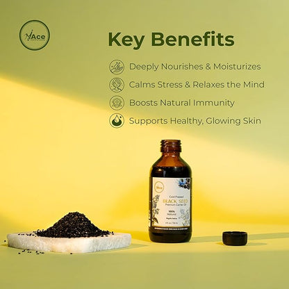 My Ace Black Seed Carrier Oil | 100% Pure Cold Pressed Oil for Hair Growth, Skin & Face Care, Body Moisturizer, Massage & Aromatherapy – 4 fl oz