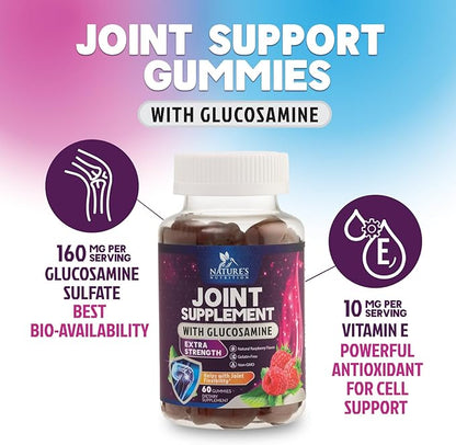 Joint Support Gummies - Glucosamine Plus Vitamin E Nature's Joint Support Supplement for Occasional Discomfort for Back, Knees & Hands - Cartilage & Joint Health & Flexibility Support - 60 Gummies