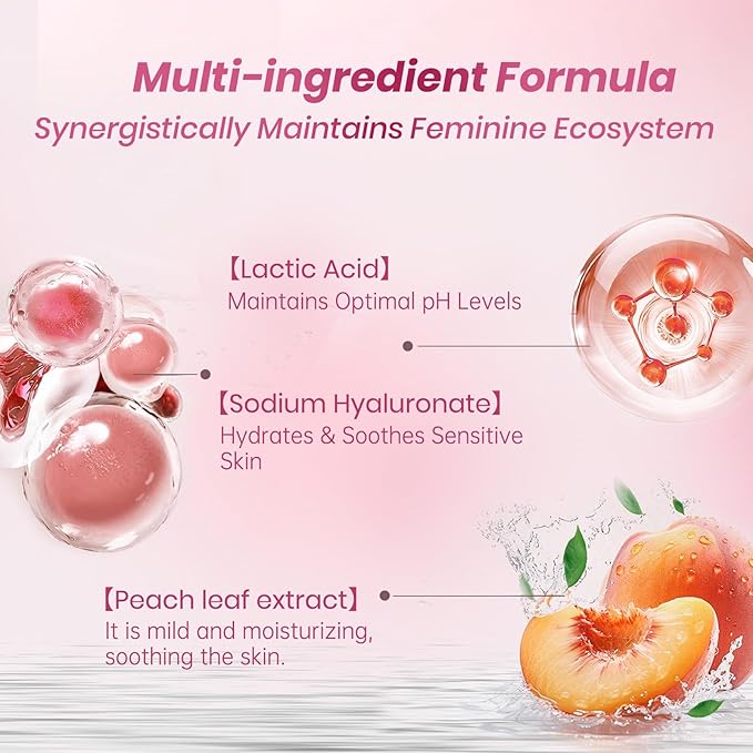 Peach Leaf Feminine Wash For intimate area Hygiene and Itchy, pH Balanced Body Wash with Lactic Acid For Sensitive Skin, Gentle Hydration, Odor Neutralization & Daily Hygiene, 220ml/7.44oz