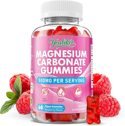 Magnesium Carbonate 500mg Gummies, High Absorption Magnesium Supplement for Adults - Support Muscle Function, Vegan, Sugar Free, Raspberry Flavor, 60 Count