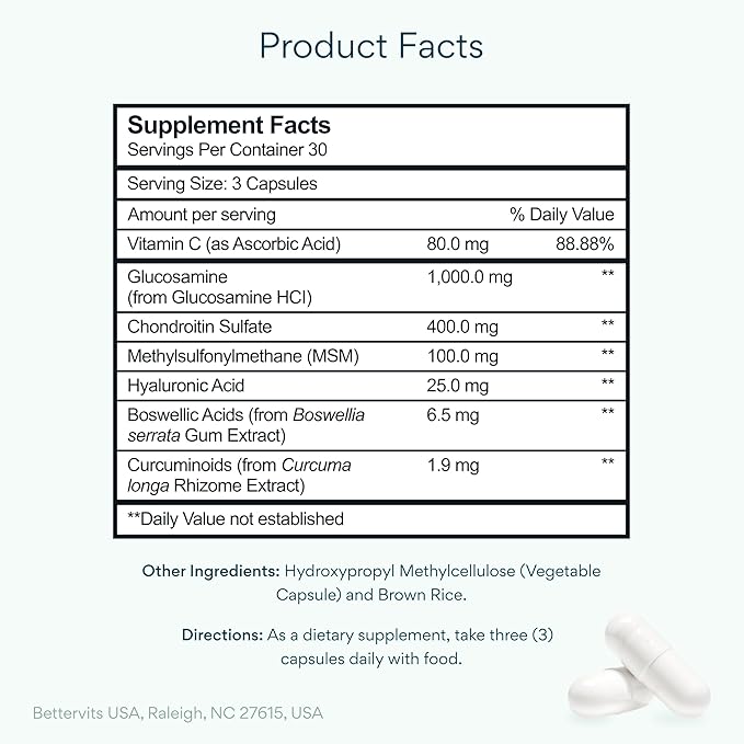 Bettervits Glucosamine Complex with MSM Сhondroitin | Joint Supplements for Women and Men with Vitamin C | Arthritis Support Supplement for Mobility & Flexibility - 90 Capsules