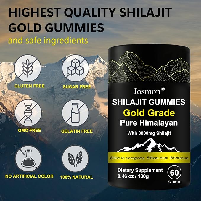 Shilajit Gummies, Himalayan Pure Shilajit Gummies Gold Grade, No Added Sugar, 85+ Trace Minerals, Ashwagandha, Gokshura, Energy and Immune Support, Gold