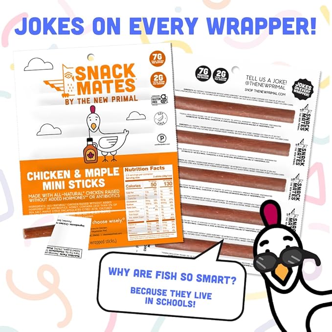 The New Primal Snack Mates Chicken & Maple Sticks, Gluten Free Healthy Snacks for Kids, Low Sugar High Protein Back to School Snacks, Mini Paleo Jerky Meat Stick, 7g Protein, 50 Calories, 40 Pack