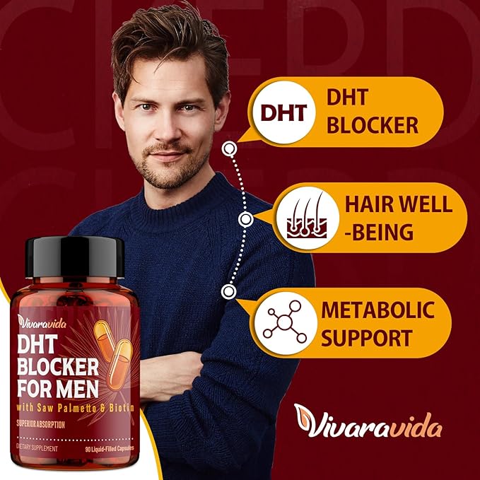 DHT Blocker for Men | Hair Growth Vitamins Supplement with Saw Palmetto & Biotin - Hair Regrowth - Natural Hair Loss Supplements Liquid-Filled - Proprietary Herbal Blends (180 Capsules)