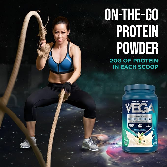 Vega Premium Protein + Supergreens - 20g Protein, Creamy Vanilla, 25 Servings, Spinach,Kale, Alfalfa Grass, Broccoli, 0g Added Sugar, Non-GMO, Gluten Free, Dairy Free, 1.68 lbs (Packaging May Vary)