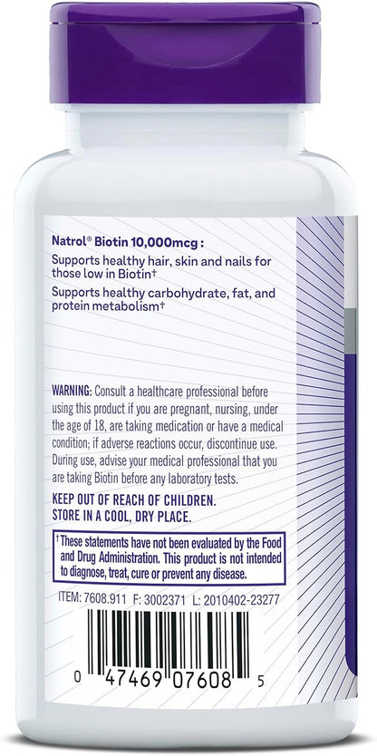 Natrol Biotin 10000mcg, Supplement for Healthy Hair, Skin and Nails for Those Low in Biotin, Plus Energy Metabolism Support, 200 Tablets, Up to a 200 Day Supply,(Pack of 2)