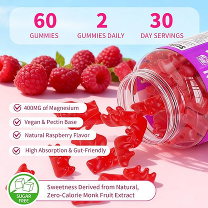 Pack of 2 Magnesium Complex Gummies 400mg, Magnesium Glycinate, Malate, Citrate, Taurate, Oxide & More | w/Ashwagandha Extract, D3 & B12 for Calm, Zzz, Relaxation, Raspberry Flavor, 120 Count