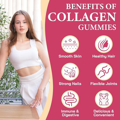 Collagen Gummies for Women, Hydrolyzed Collagen Peptides Type I, II, III, V, X, 0 Sugar - Collagen Gummies for Skin, Wrinkles, Hair, Nails, Digestive & Immune Health, 60 Days Supply