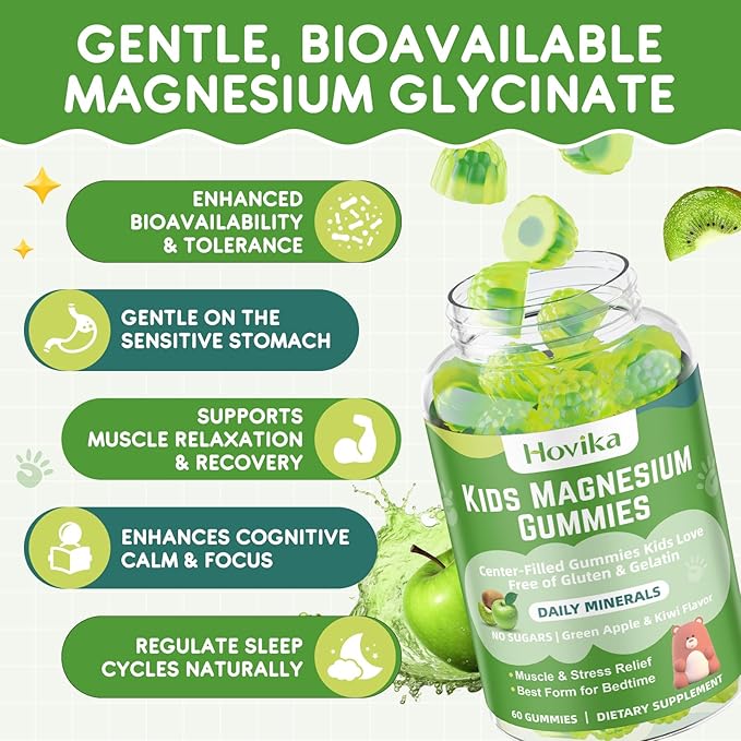 Magnesium Glycinate Gummies for Kids: Calm Magnesium Supplement for Kids & Adults with Zinc Citrate, GABA, Chamomile, Vitamin B6 & C - Sleep, Relaxation & Focus, Green Apple & Kiwi Flavor 60 Count