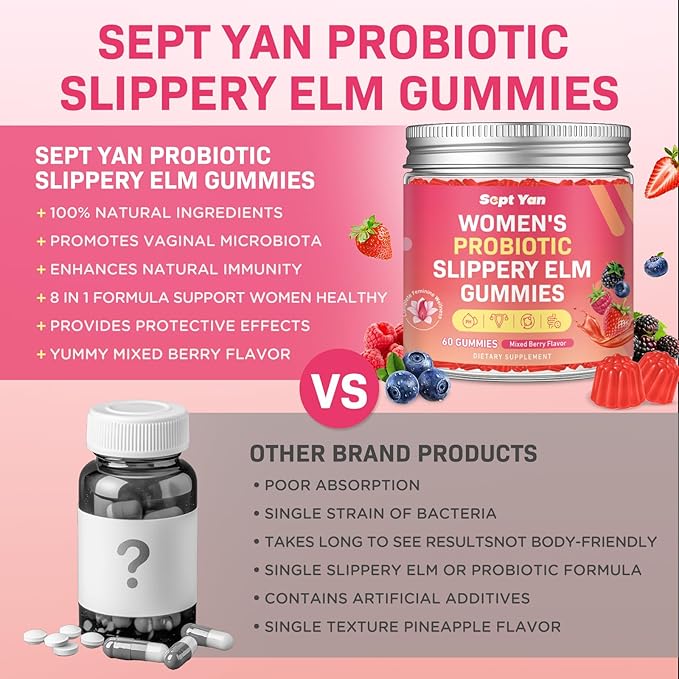 Feminine Probiotic Slippery Elm Gummies with Dim, Cranberry, Aloe Vera, Vitamin D3 & E for Women pH Balance, Gut Health & Immune System, Promote Vaginal Health for Women, Mixed Berry Flavor 60 Counts