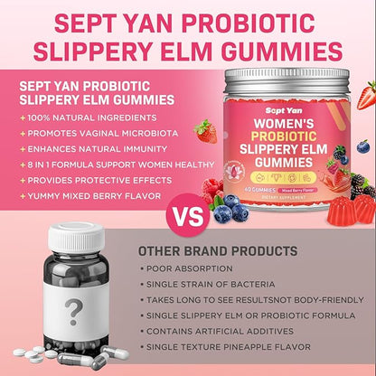 Feminine Probiotic Slippery Elm Gummies with Dim, Cranberry, Aloe Vera, Vitamin D3 & E for Women pH Balance, Gut Health & Immune System, Promote Vaginal Health for Women, Mixed Berry Flavor 60 Counts