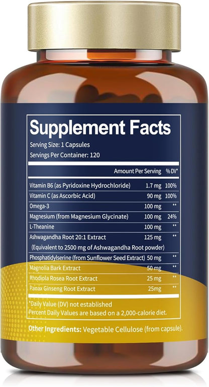Totaria Cortisol Supplement with Ashwagandha,Magnesium,Rhodiola Rosea,L Theanine,Hormone Balance for Women Mood, Focus, Sleep Support 120 Vegan Capsules (Pack of 2)