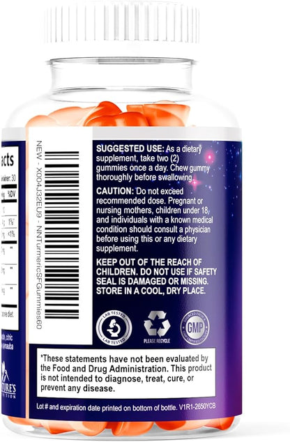 Turmeric Curcumin Gummies Sugar Free Supplement - 95% Curcuminoids with Turmeric & Ginger, Black Pepper for Best Absorption, Nature's Vegan Joint Support, Non-GMO, Tasty Peach Flavor - 60 Gummies