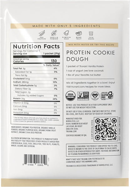 Truvani Vegan Pea Protein Powder | Vanilla | 20g Organic Plant Based Protein | 1 Serving | Keto | Gluten & Dairy Free | Low Carb | No Added Sugar