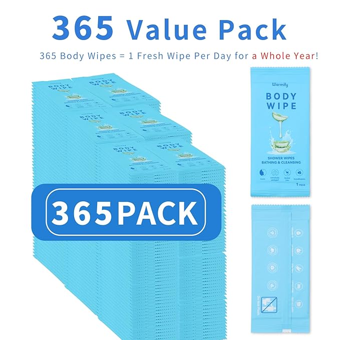 365 Pcs Body Wipes Individually Wrapped (9.29" x 8"), Large Shower Wipes for Adults Bathing No Rinse, Portable Personal Cleansing for Gym, Camping, Hiking, Backpacking,Bulk Homeless Supplies