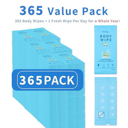 365 Pcs Body Wipes Individually Wrapped (9.29" x 8"), Large Shower Wipes for Adults Bathing No Rinse, Portable Personal Cleansing for Gym, Camping, Hiking, Backpacking,Bulk Homeless Supplies