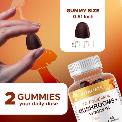 Vitamatic Mushroom Complex Gummies with D3 – Plant-Based Botanical Extract – Pectin-Based, Non-GMO – Herbal Supplement Gummies – 60 Count - 2 Pack (120 Count)