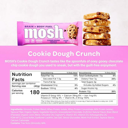 MOSH Cookie Dough Crunch Keto Protein Bars, High Fiber, Low Carb, Gluten Free, High Protein, Brain Healthy Snack, 12 Count
