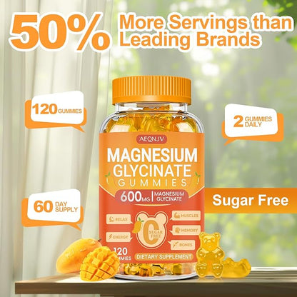 Magnesium Glycinate Gummies 600mg, Chewable Sugar Free Potassium Gummies with Magnesium Glycinate, Vitamin D, B6 and CoQ10 for Stress Relief, Body Support & Muscle, 2 Pack