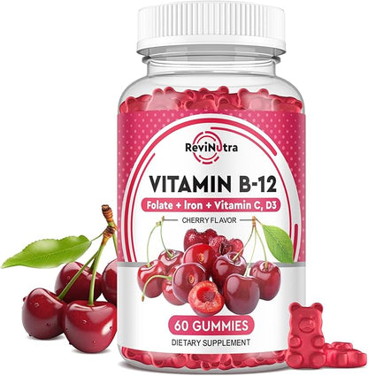 Vitamin B12 Gummies - 5000 mcg Methylcobalamin with Iron, Vitamin C, D3 & Folate, Energy Support and Metabolism, Immune, B-12 Complex Chewable Supplement for Men & Women, Vegan- 60 Count