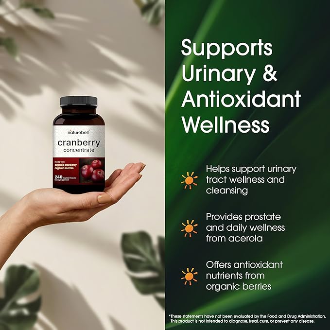 NatureBell Cranberry Concentrate - 240 Capsules - Organic Cranberry Concentrate with Acerola Cherry - Urinary Tract & Prostate Support* - Vegetarian