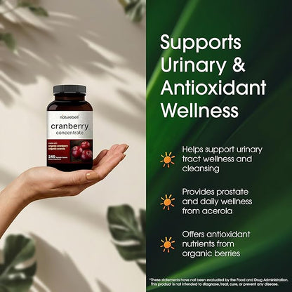 NatureBell Cranberry Concentrate - 240 Capsules - Organic Cranberry Concentrate with Acerola Cherry - Urinary Tract & Prostate Support* - Vegetarian